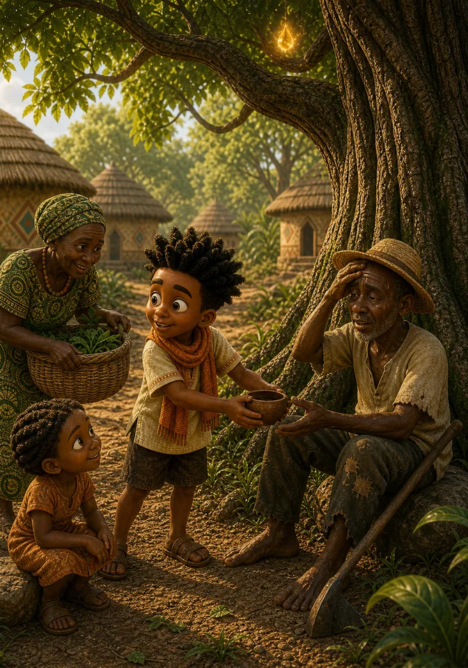 Kweku helps villagers with a basket, water, and shade beneath the tree.