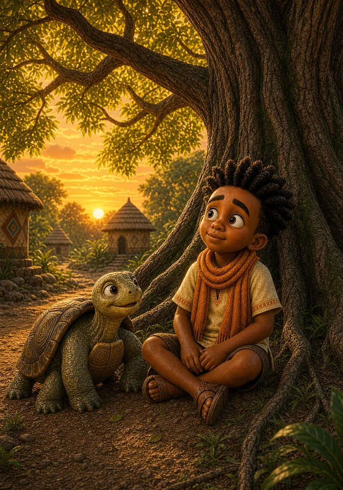 Kweku rests peacefully beneath the Tree of Generosity at sunset.