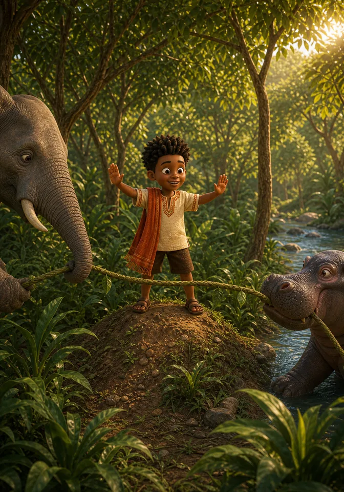 Illustration for Kweku Anansi and the Tug of War, page 7