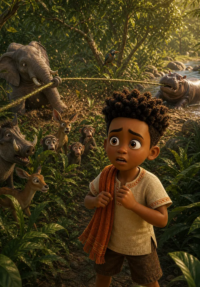 Illustration for Kweku Anansi and the Tug of War, page 9