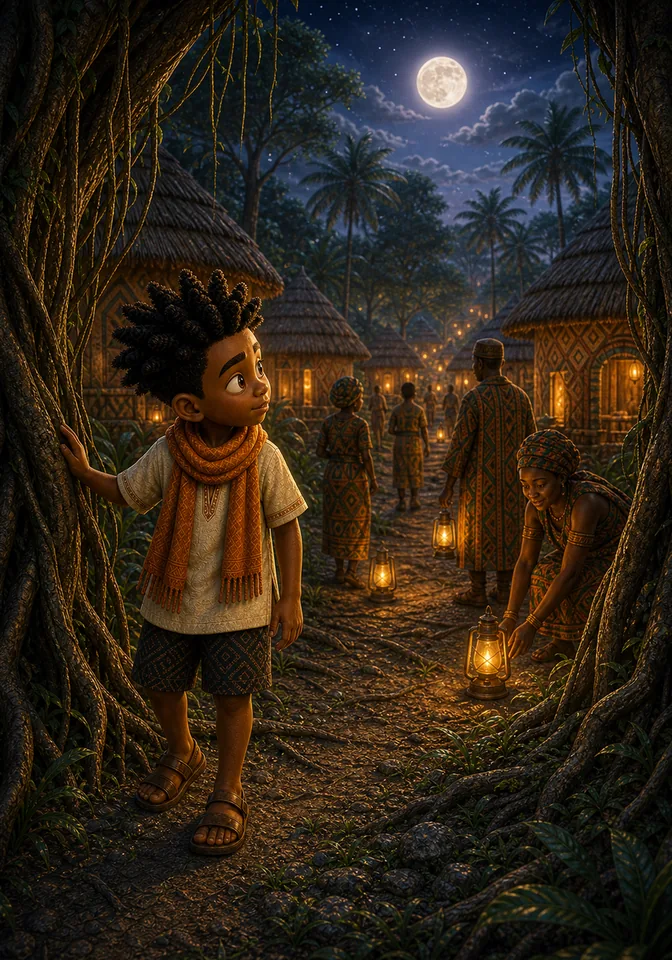 Kweku enters the lantern-lit hidden village beneath the full moon.