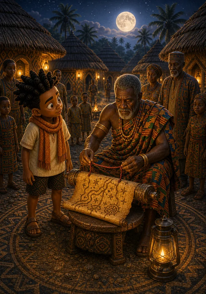 The chief unwraps the protective ancestor scroll in the village square.