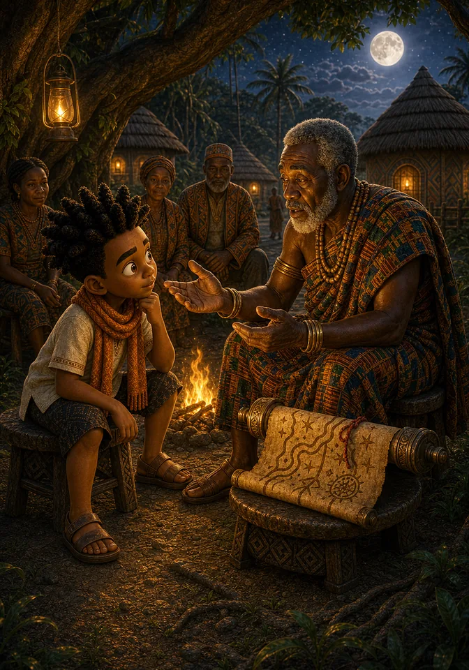 Kweku listens as the chief explains the curse and the scroll.