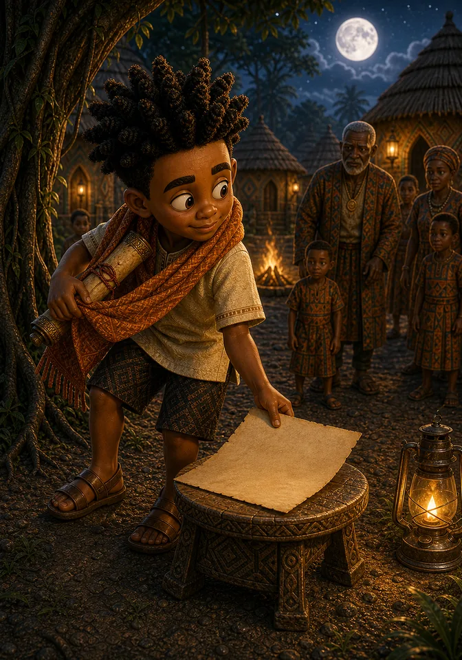 Kweku secretly swaps the real scroll for a blank palm sheet.