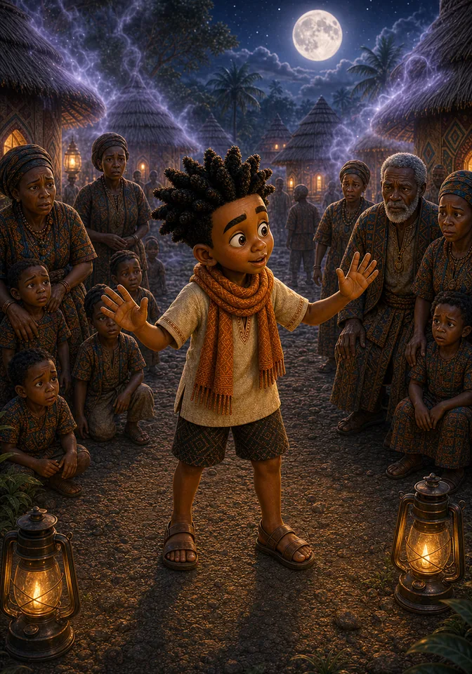 Kweku organizes frightened villagers into courage challenges.
