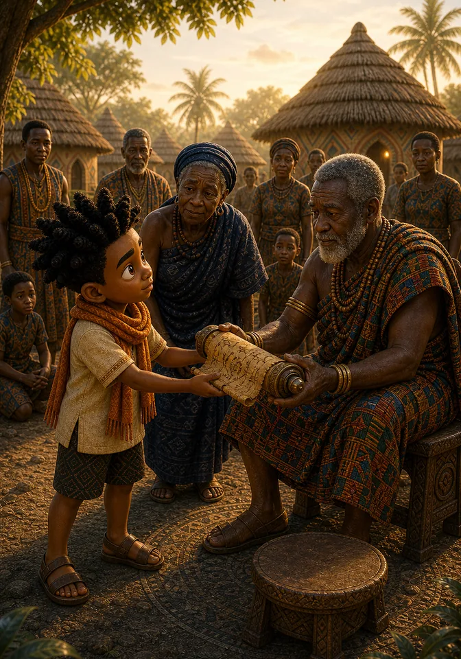 Kweku confesses and returns the real scroll to the chief.