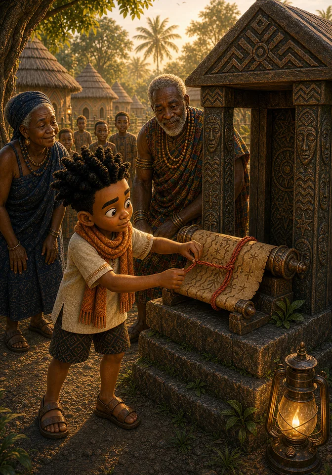 Kweku helps secure the scroll in the restored village shrine.