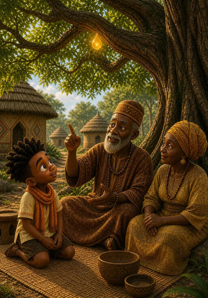 Elders explain the single golden wisdom fruit to Kweku.