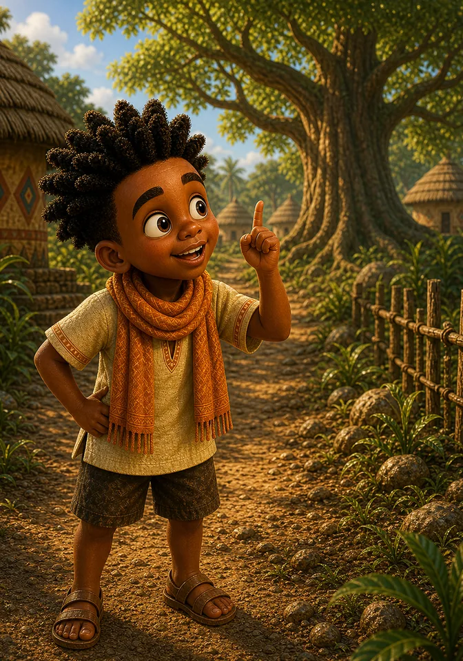 Kweku looks toward the Wisdom Tree with an excited private plan.