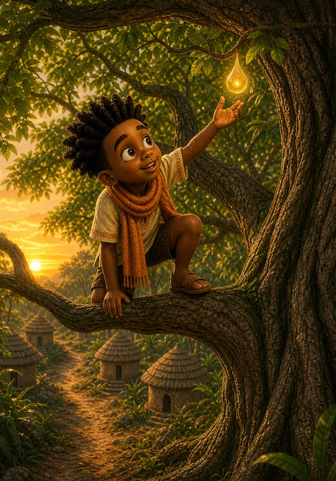Kweku carefully reaches for the one golden fruit at sunrise.