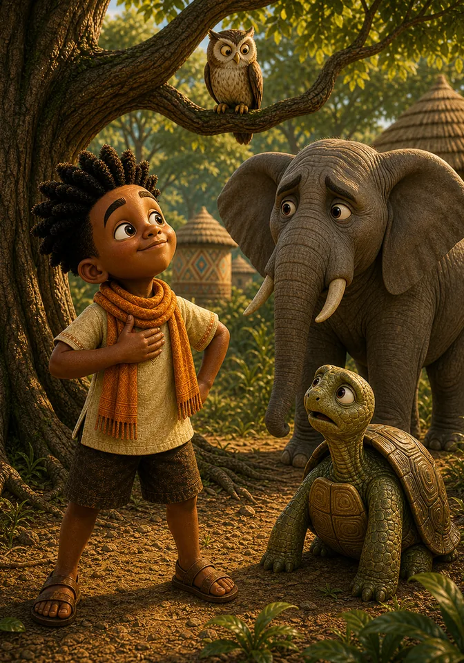 Proud Kweku stands before concerned Elephant, Owl, and Tortoise.