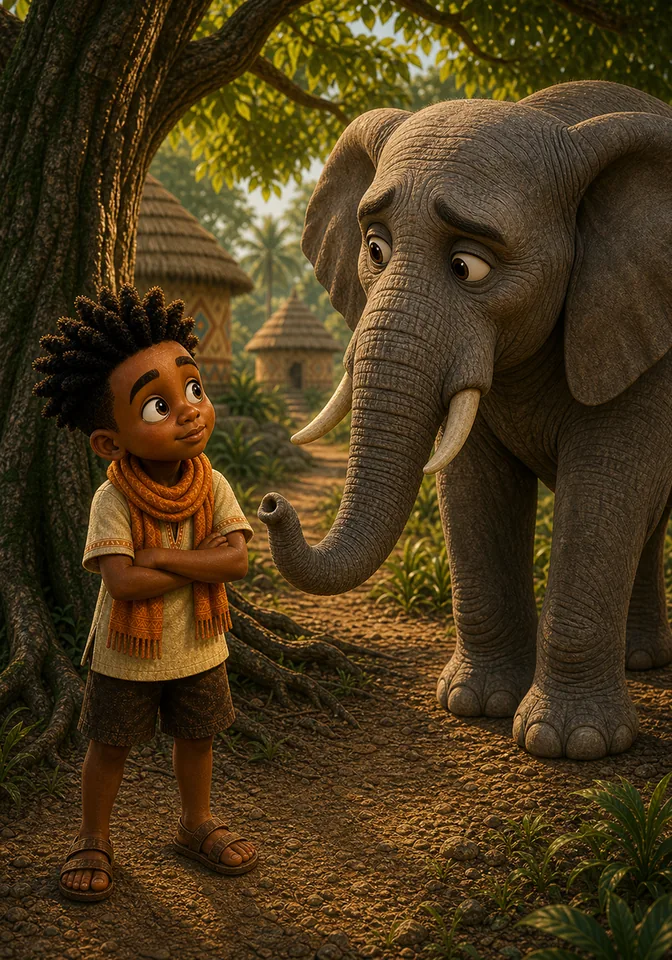 Gentle Elephant warns proud Kweku beneath the Wisdom Tree.