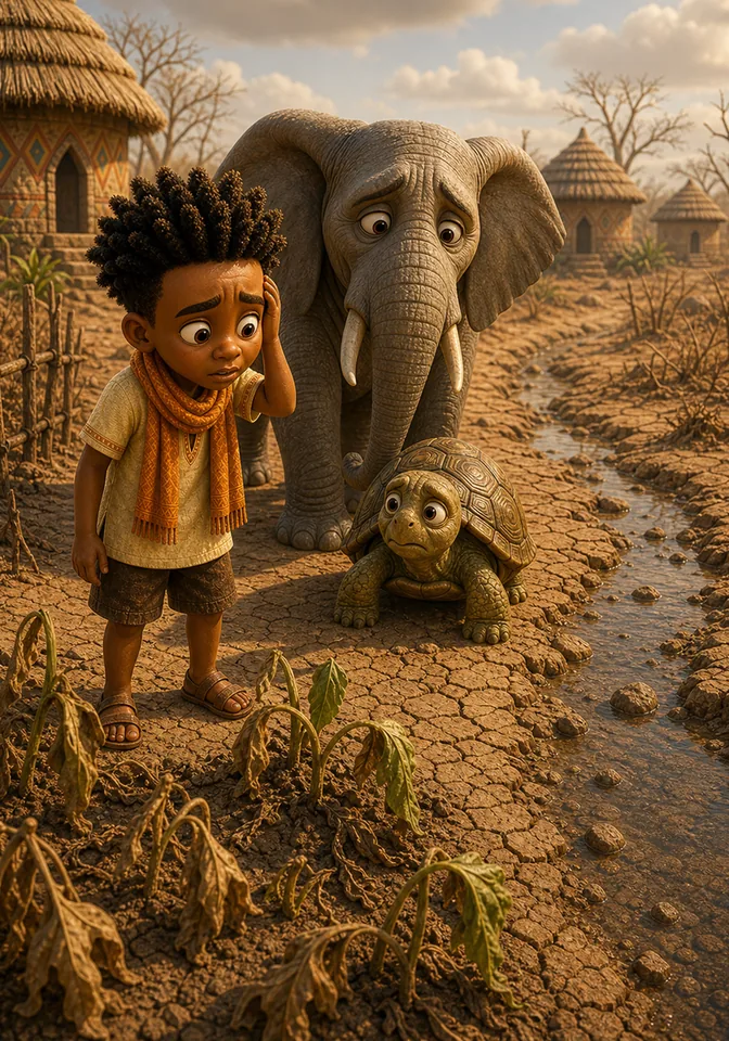 Kweku and the animals look over a low stream and wilted village gardens.