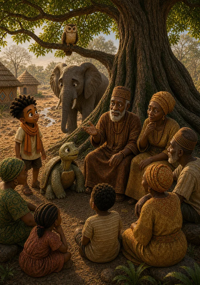 Animals, children, farmers, and Kweku gather beneath the tree to solve the water problem.