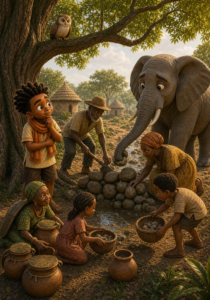 Owl, Tortoise, Elephant, children, and farmers combine practical water-saving ideas.