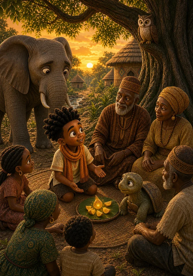 Kweku shares the single golden fruit with the whole community at sunset.