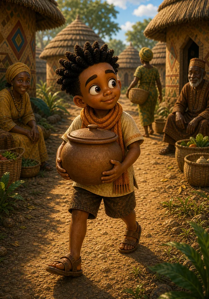 Kweku carries a plain lidded clay pot through the village.
