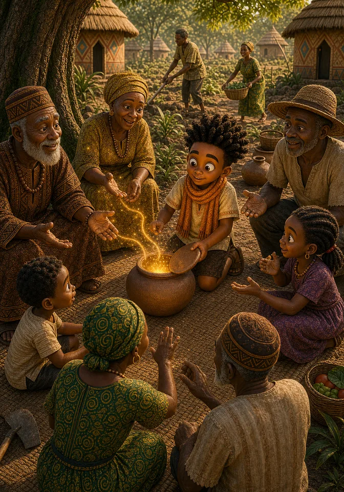 Elders, farmers, and children share ideas that glow near Kweku’s wisdom pot.