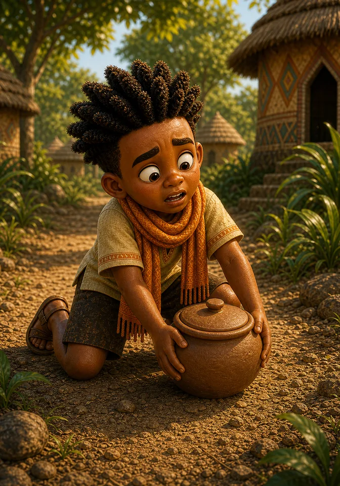 Kweku struggles to lift the now-heavy wisdom pot.