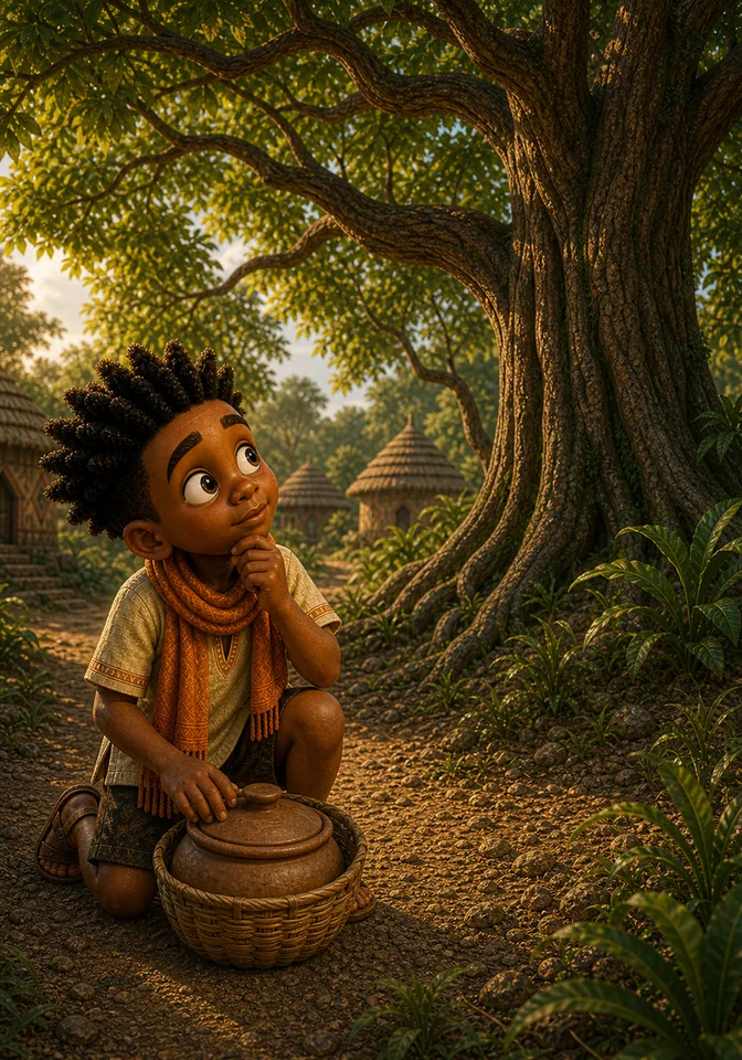 Kweku prepares the basket and wisdom pot beside a tall old tree.