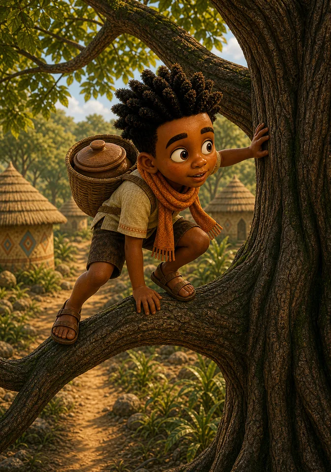 Kweku carefully climbs low sturdy branches with the pot in a woven basket.