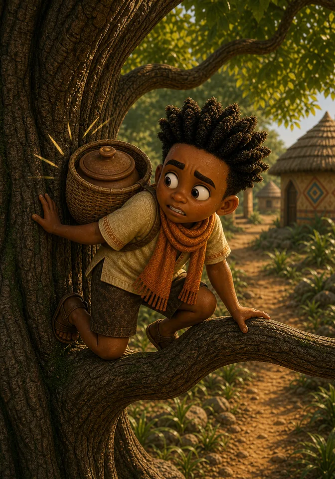 The basket gently bumps the tree as Kweku struggles on a low branch.