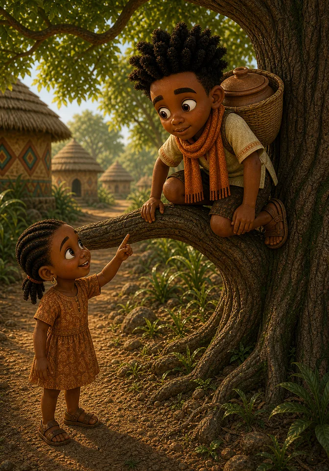 Ama stands below the tree and offers Kweku a simple helpful idea.