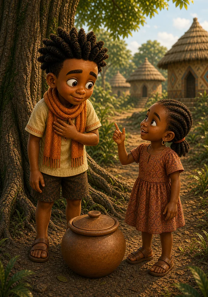 Humbled Kweku stands beside Ama and the safely grounded pot.