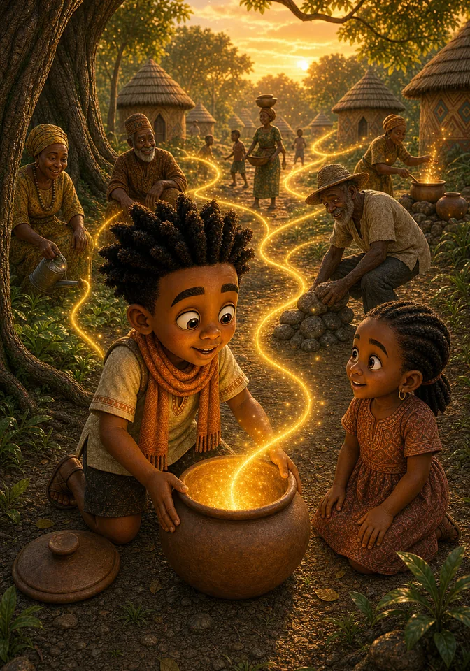 Golden wisdom light flows from the open clay pot throughout the village.