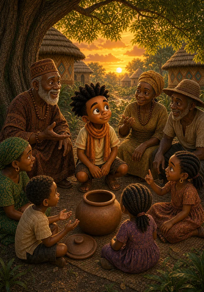 Kweku listens humbly as villagers share ideas around the empty pot.