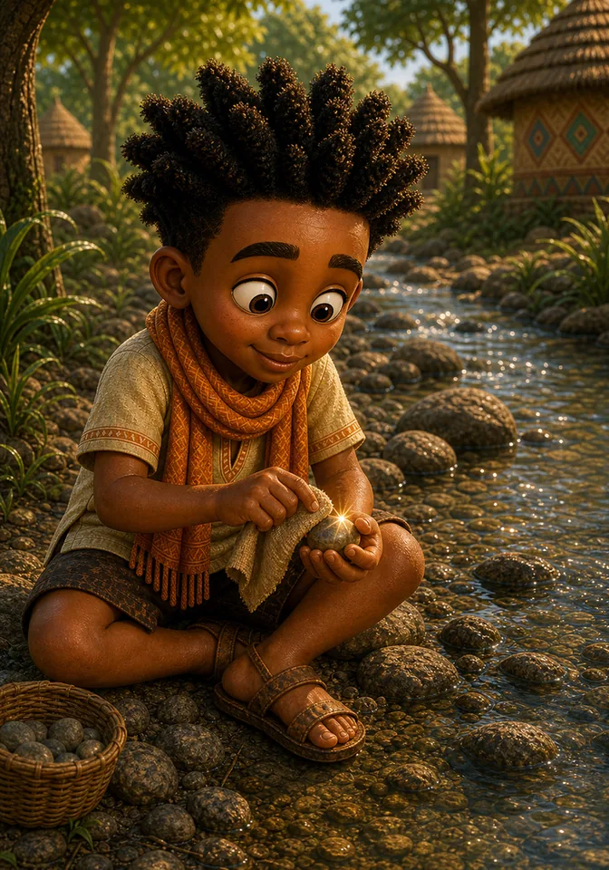 Kweku polishes a small shiny pebble beside a clear stream.