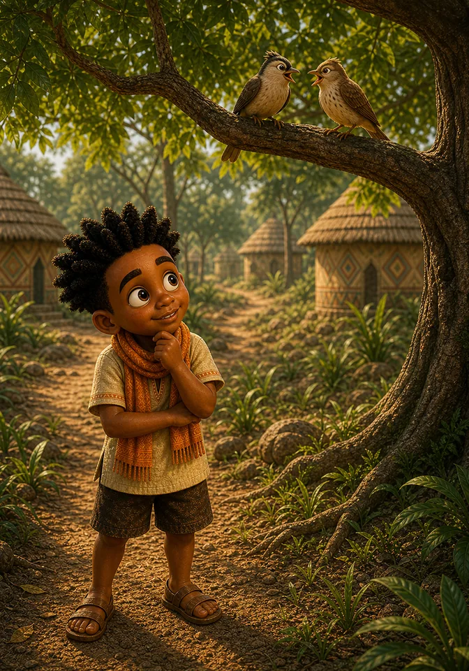 Kweku listens as two birds chirp from a branch above him.