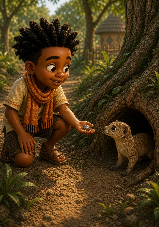 Kweku greets Mosi outside his burrow and reveals the shiny pebble.