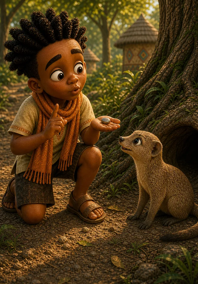 Mosi looks hopefully at the pebble while Kweku pretends it may be magic.