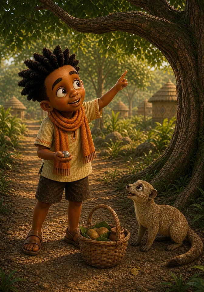 Kweku asks Mosi to guide him to a safe low branch and watch a lunch basket.