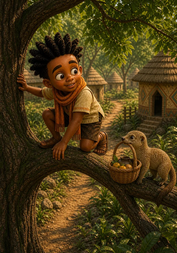 Kweku safely climbs low branches while Mosi guards the basket below.
