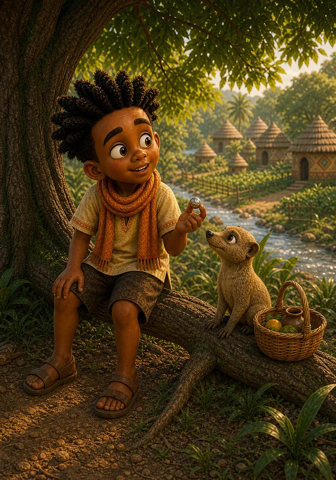 Kweku enjoys the view from a low branch while Mosi waits by the basket.