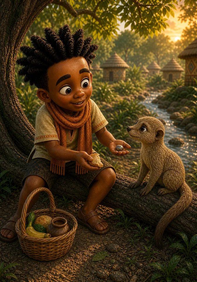 Kweku shares lunch with Mosi and gives him the pebble as a true gift.