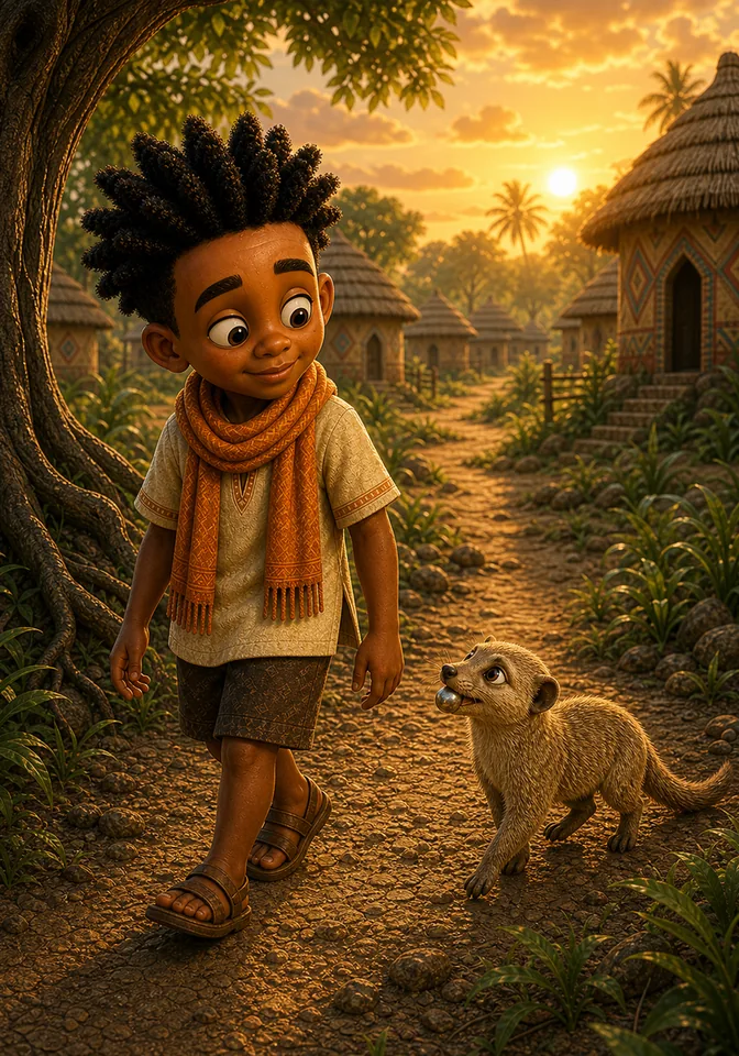 Kweku and Mosi walk toward the village together at sunset.