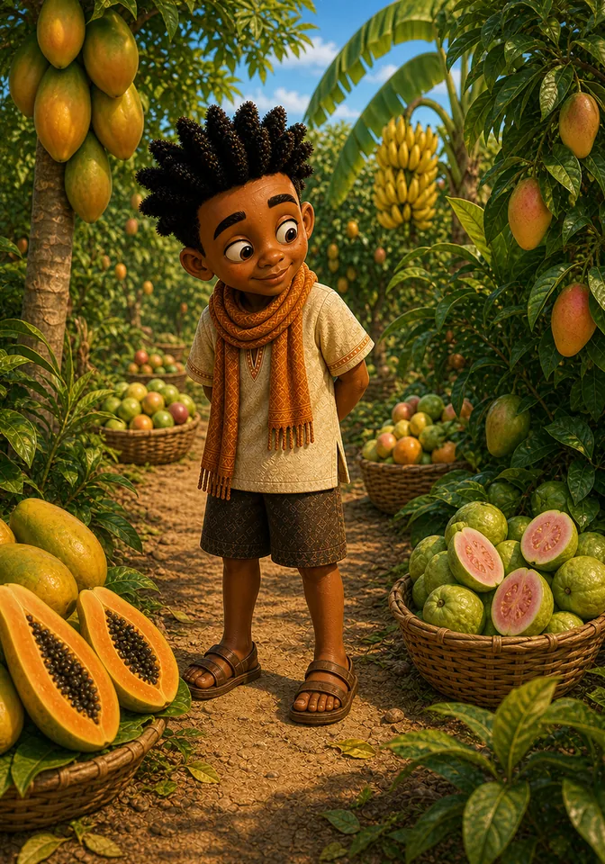 Kweku looks across a lush orchard full of ripe pawpaws, guavas, bananas, and mangoes.