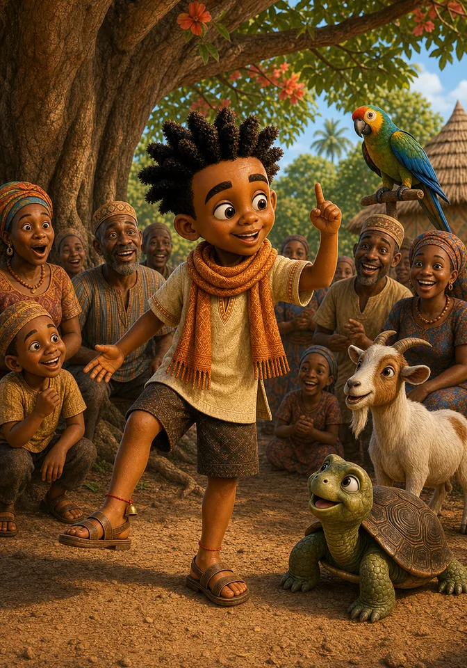 Kweku shows a tiny brass ankle bell and announces its pretend magic to the gathered village.