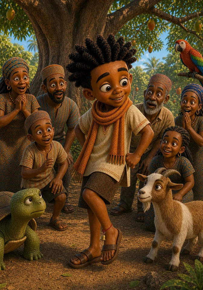 Villagers and animals react with wonder while Turtle studies Kweku's smiling face.