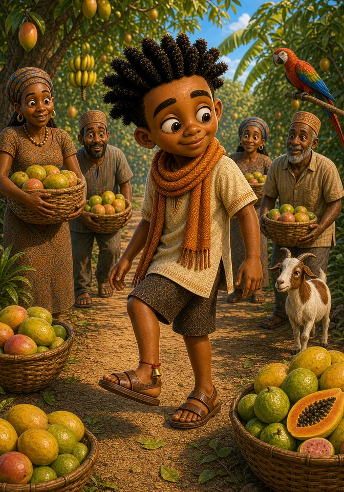 Kweku slyly shakes his ankle bell near villagers carrying fruit baskets in the orchard.
