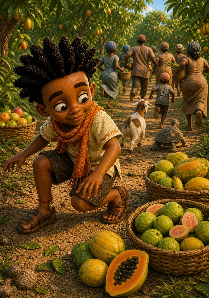 Animals and villagers hurry into the orchard while Kweku reaches for abandoned fruit baskets.
