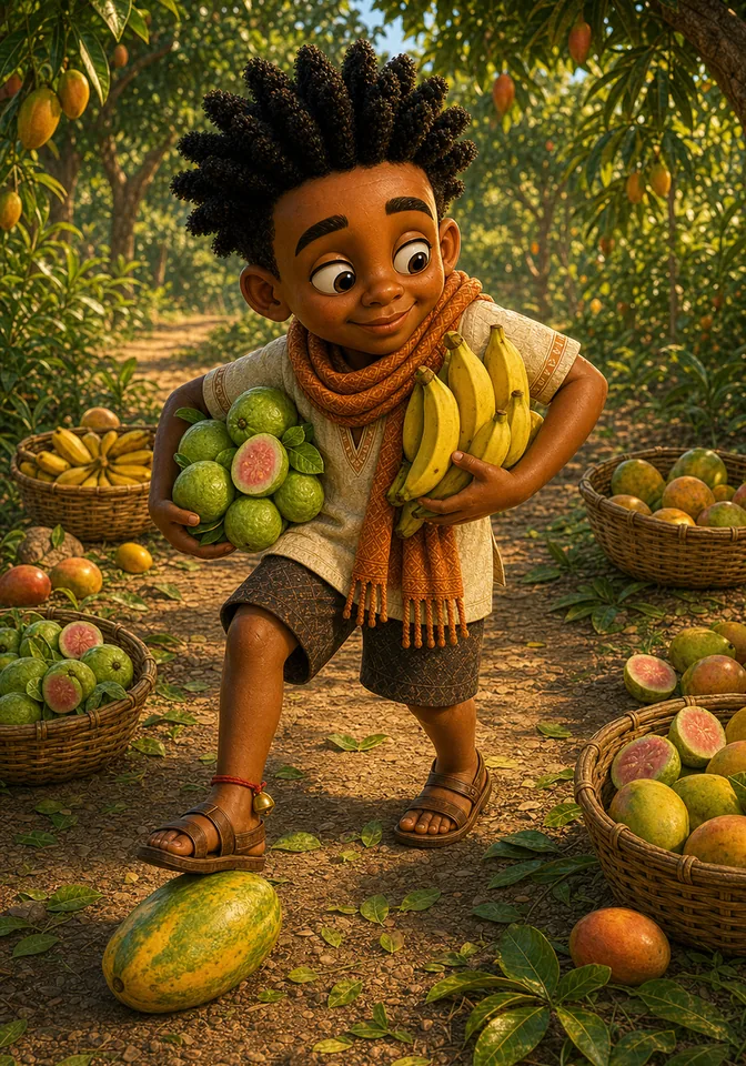 Kweku grins as he gathers guavas, bananas, and a pawpaw from abandoned baskets.