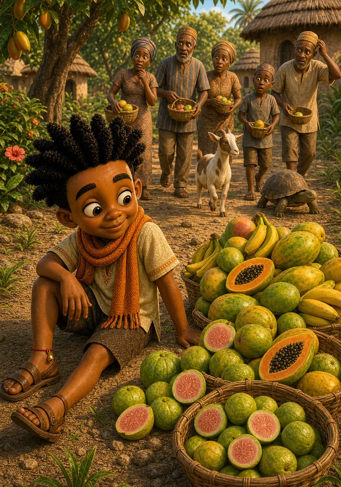 Kweku sits beside a growing fruit pile while villagers return with lighter baskets.