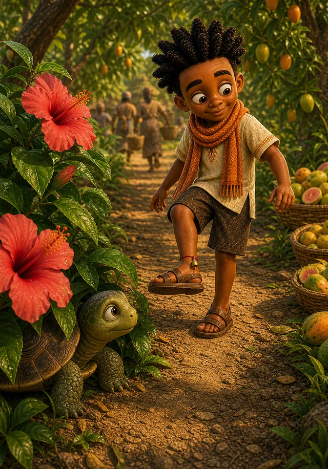 Turtle watches from behind a hibiscus bush as Kweku secretly shakes his ankle bell.