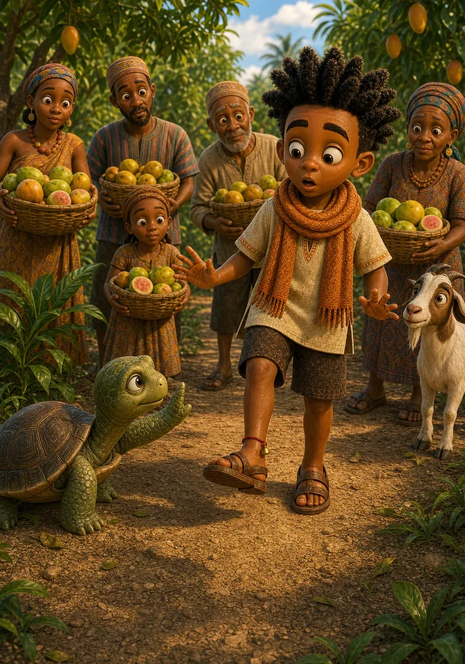 Turtle calmly leads everyone to hold their fruit baskets while Kweku jingles his bell.