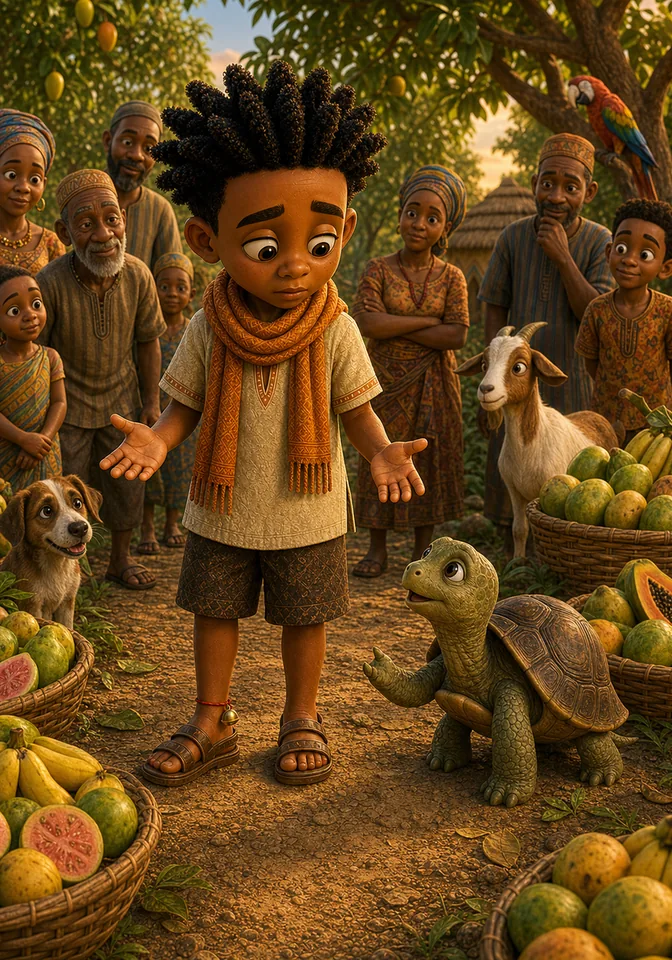 Kweku admits his mistake with empty hands while Turtle and the villagers listen.