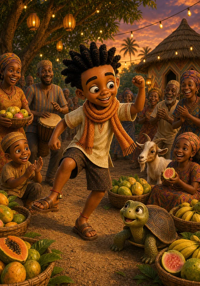 Kweku helps harvest fruit and later dances at a warm harvest feast with Turtle and the village.